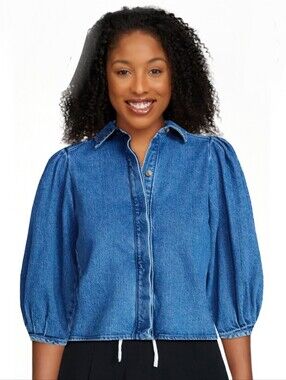 Scoop Women's Plus Denim Shirt with 3/4 Length Puff Sleeves
